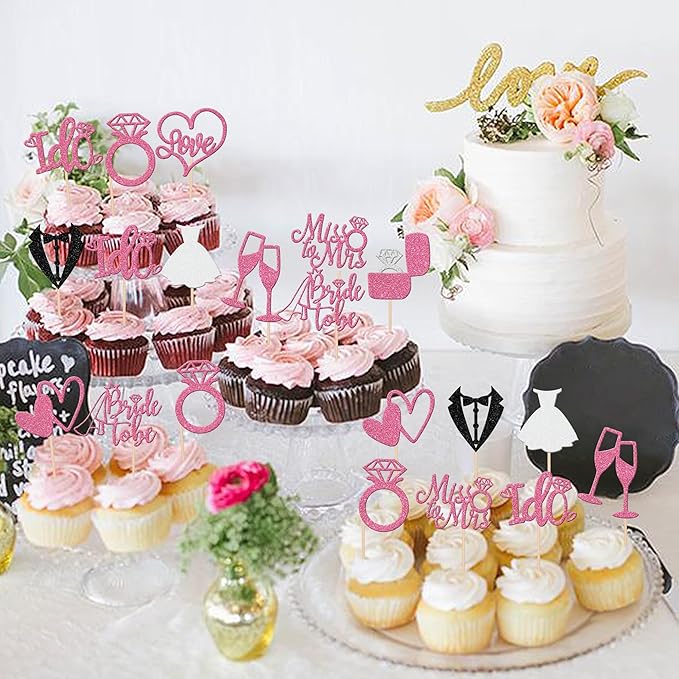 30 PCS Bride to Be Cupcake Toppers Glitter Miss to Mrs I Do Love Heart Ring - Image 6