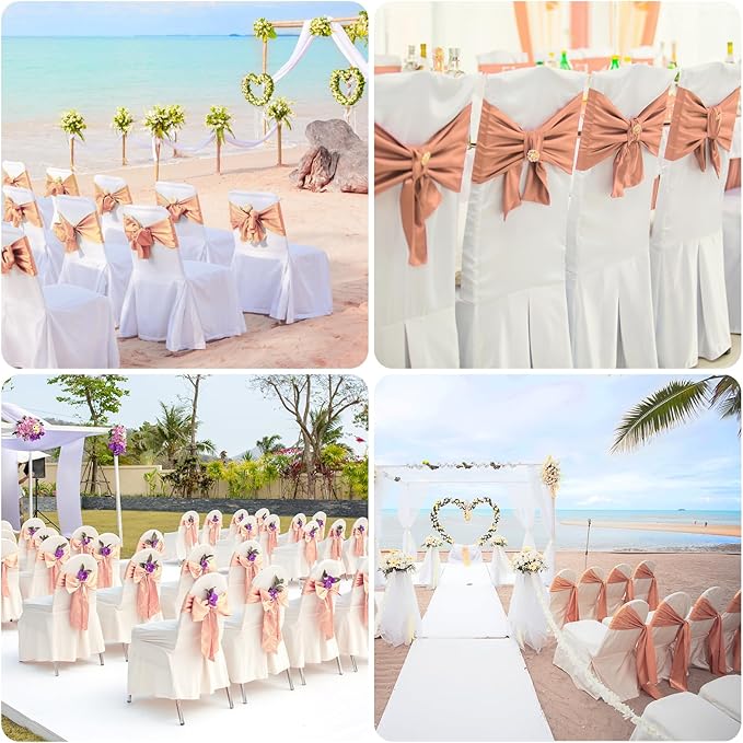50 PCS Rose Gold Satin Chair Sashes Bows Universal Chair Ribbon Ties Back Sash - Image 7