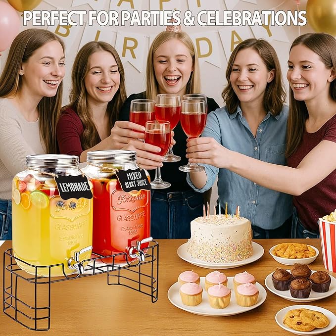 2 Gallon Glass Drink Dispenser for Parties, 2 Pack Beverage Dispenser - Image 4