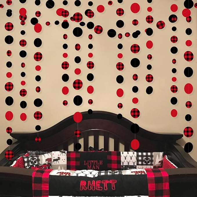 46Ft Buffalo Plaid Polka Dot Garlands Black Red Checkered Paper Circle Dot - Image 6