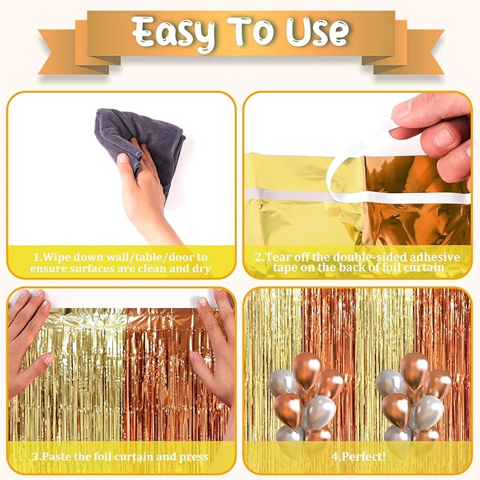 2 Pack Rose and Champion Foil Fringe Backdrop Curtains, Tinsel Streamers Party - Image 4