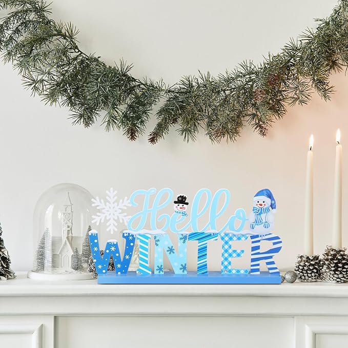 Winter Metal Sign Hello Winter Table Decor Christmas Tiered Tray Decor - Image 4