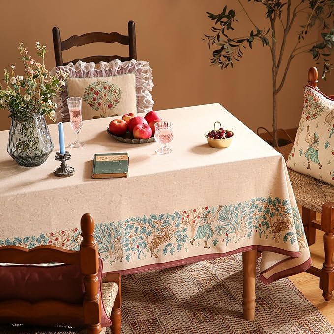 patdrea Designer Beige Rectangle Tablecloth, Vintage French Linen Trees Pattern - Image 9