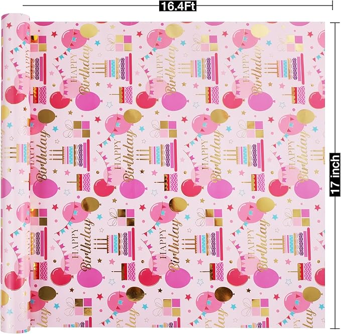 Aimyoo Pink Birthday Wrapping Paper Roll - Image 3