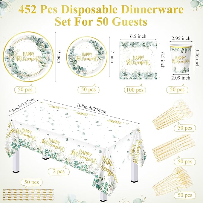 452 Pcs Sage Green Retirement Party Supplies Happy Retirement Paper Plates - Image 3