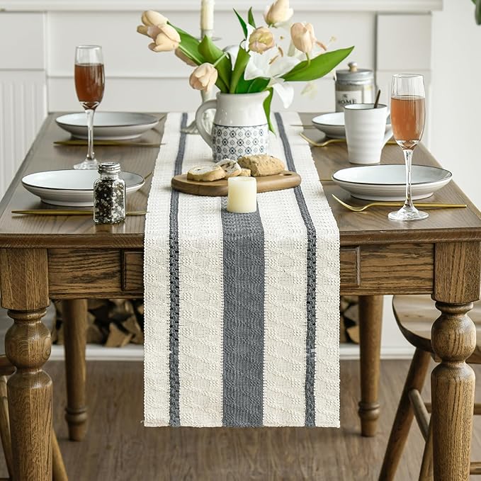 Artoid Mode Dark Grey Farmhouse Woven Rustic Table Runner, Seasonal Holiday - Image 2