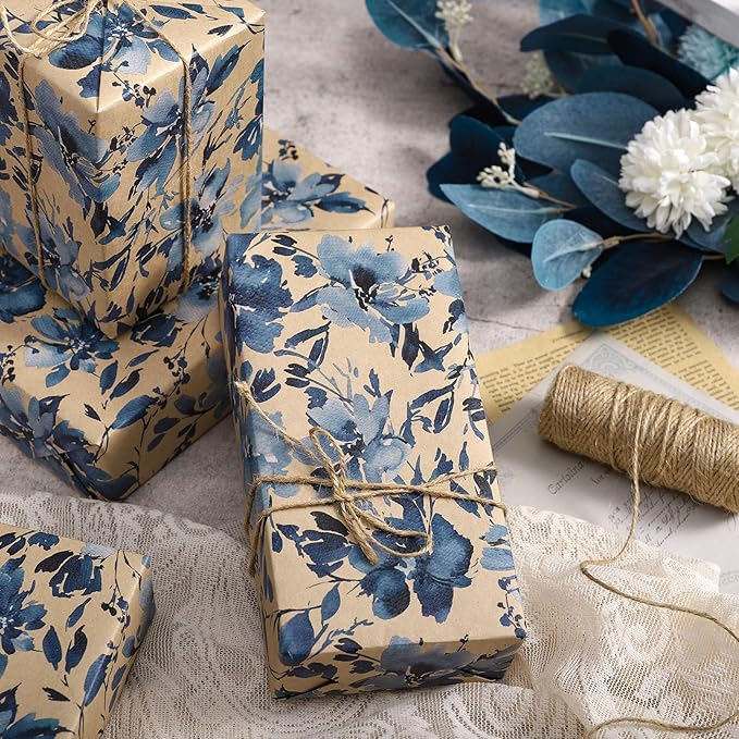 RUSPEPA Blue Floral Gift Wrapping Paper, Indigo Gift Wrap, Watercolor Flower - Image 5