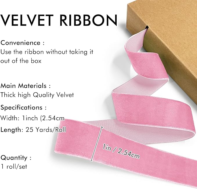 Pink Velvet Ribbon 1'' 25 Yards - Image 2