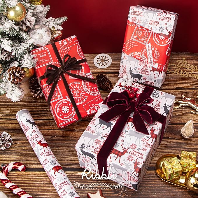 Ribbli Christmas Wrapping Paper Reversible Vintage Reindeer and Christmas Stamp - Image 4