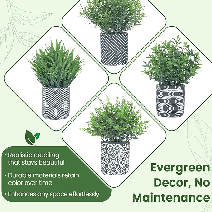 4 Pack Small Fake Plants, Fake Grass Plant, Artificial Boxwood & Rosemary - Image 3