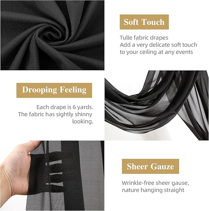 PARTISKY Wedding Arch Draping Fabric 19FT Black Drapery Sheer Curtains - Image 2