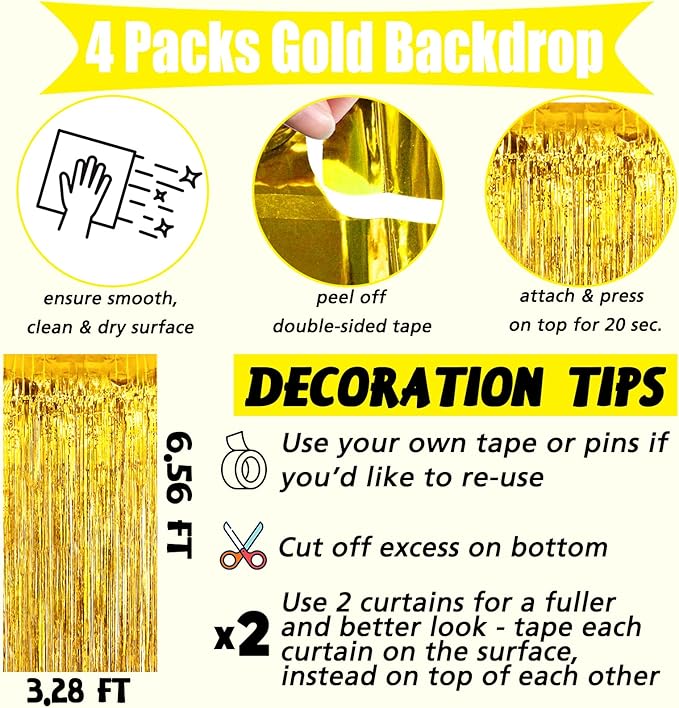 4 Pack Gold Fringe Curtain Backdrop, 3.2Ft x 6.6Ft Metallic Tinsel Foil Fringe - Image 2