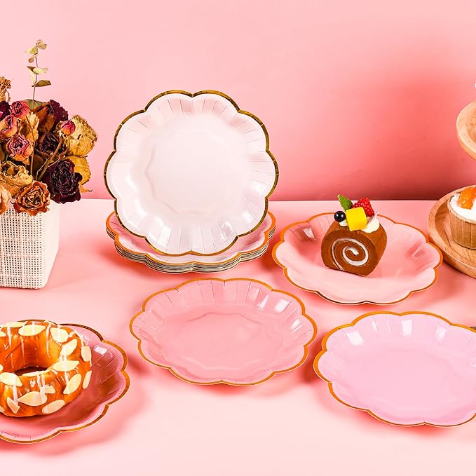 Pink Party Plates Gradient Pink Dessert Paper Plates 7inch Gold Foil Scalloped - Image 5