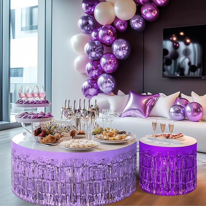 2 Pack Light Purple Dark Purple Table Skirts, 29x108" Metallic Foil Tinsel - Image 9