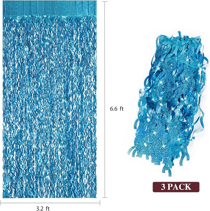 3 Pack 3.3 ft x 6.6 ft Teal Foil Fringe Curtains - Image 3