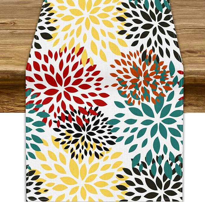 Green Red Dahlia Flower Table Runner Chrysanthemum Geometric Kitchen Dining by ShiTingYu