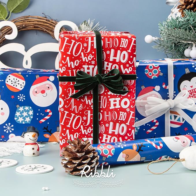 Ribbli Blue Christmas Wrapping Paper Reversible Cute Christmas elements Gift - Image 4