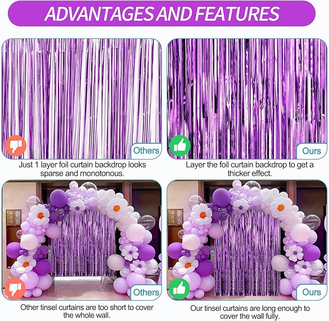 Crosize 4 Pack 3.3 x 9.9 ft Purple Foil Fringe Curtains Party Decorations - Image 6