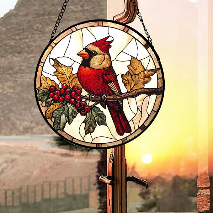 Stained Glass Window Hanging, Birds on a Branch Cardinal Sun Catchers Diamond - Image 4