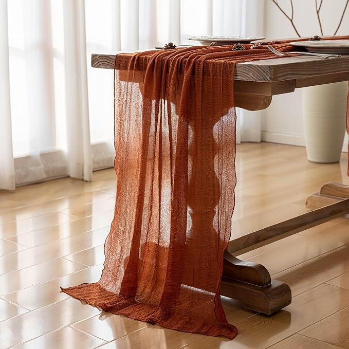 3pcs Fall Terracotta Table Runner Rust Gauze Rustic Cheesecloth 120 Inch 10 FT - Image 3