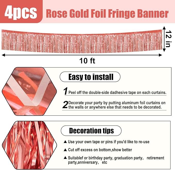 4 Pack 10 Feet Rose Gold Foil Fringe Garland Metallic Tinsel Streamers Banner - Image 2