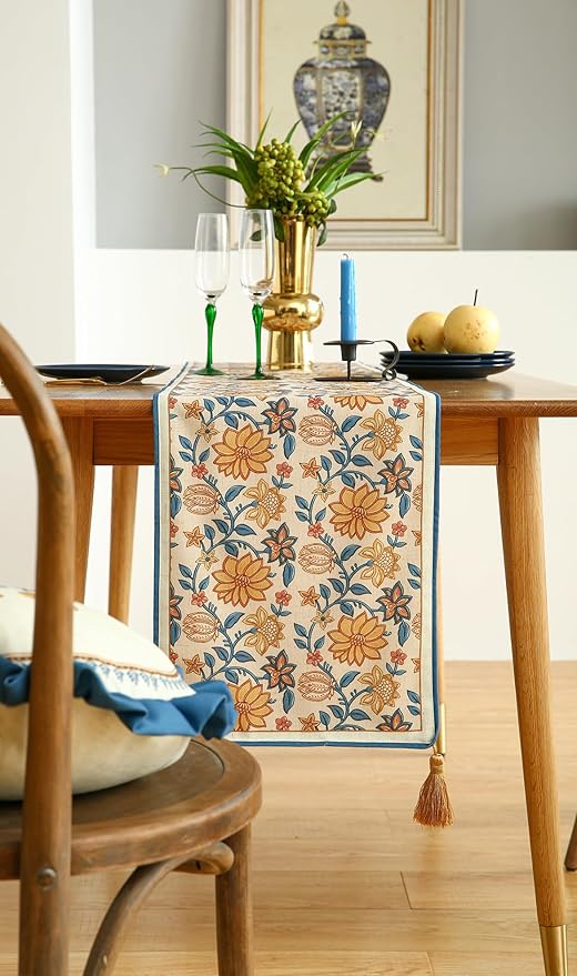 ISAENNE Designer Bohemian Elegant Linen Table Runner 71 Inches Long, Floral - Image 5