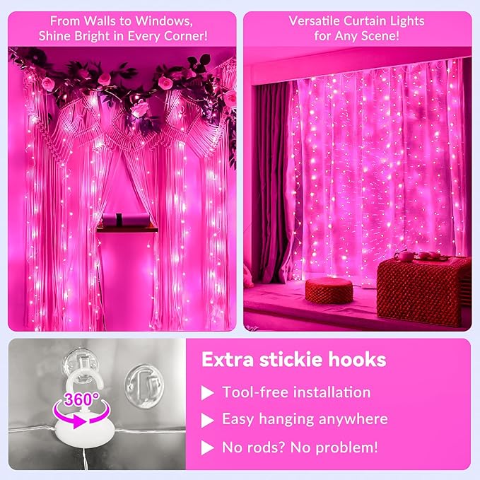 HXWEIYE 300LED Fairy Curtain Lights, 9.8x9.8Ft USB Plug-in 8 Modes Christmas - Image 2