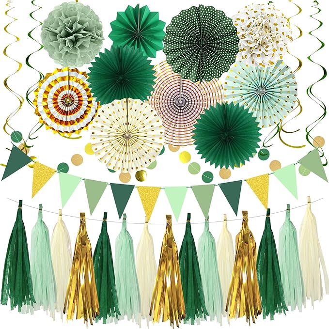 Paper Fans Party Decorations Glitter Green Gold Paper Triangle Flag Banner by MEIWUTIE