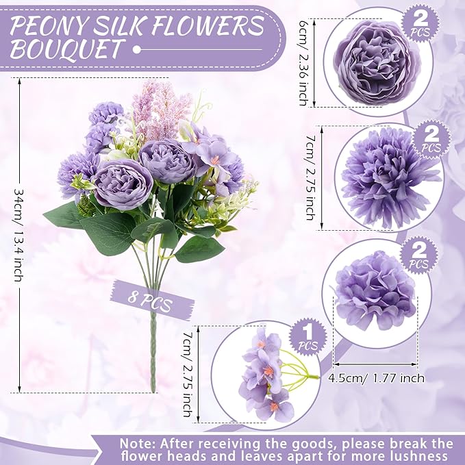 Zeyune 8 Pcs Wedding Silk Flowers Fake Silk Flowers Faux Bouquet Hydrangea - Image 2