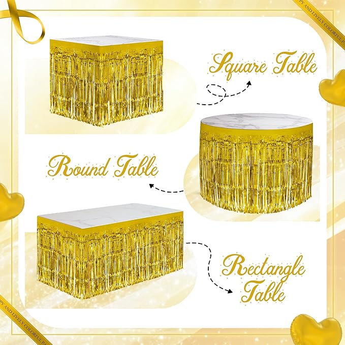2 Pack Gold Table Skirts, 29x108" Metallic Foil Tinsel Fringe Table Skirts - Image 4
