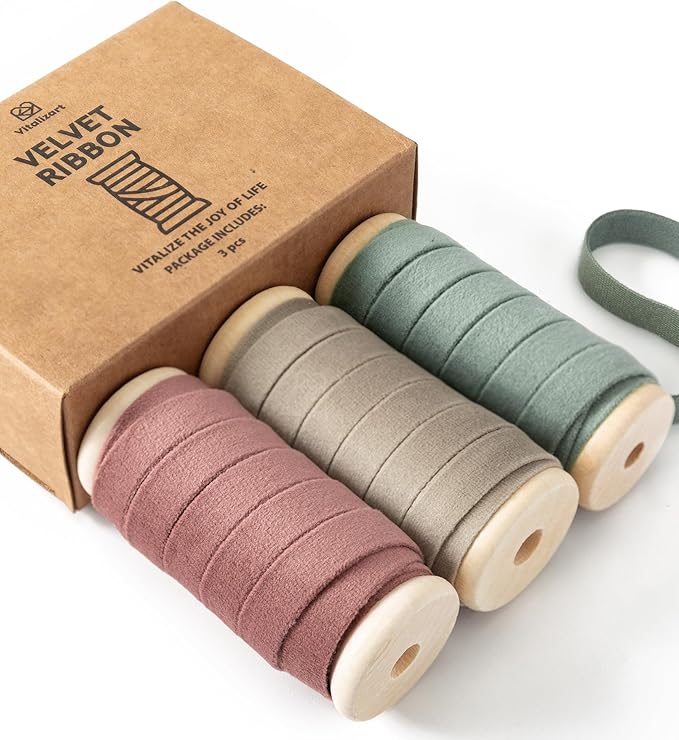 Vitalizart Velvet Ribbon Red Green Set 3/8" x 15 Yd Wooden Spool Fabric Trim 3 by Vitalizart