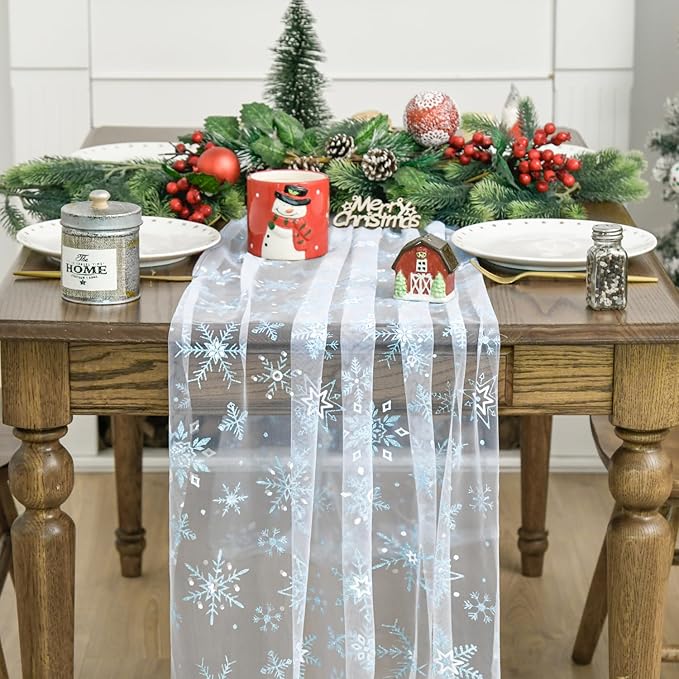 Artoid Mode Blue Snowflakes Merry Christmas Gauze Table Runner 120 Inch 10FT - Image 5