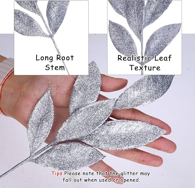 GREENTIME 12 Pack Artificial Silver Glitter Leaves 13" Fake Christmas Picks - Image 2