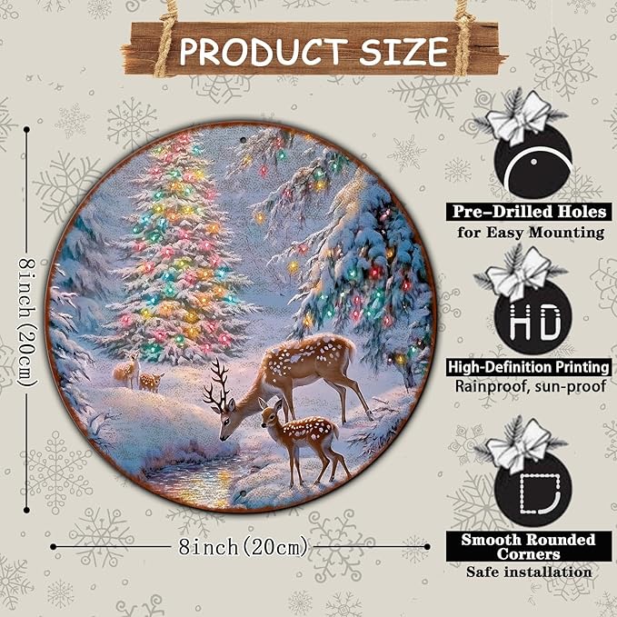 Christmas Tree Decor Round Metal Tin Sign Christmas Deer Vintage Tin Sign - Image 2