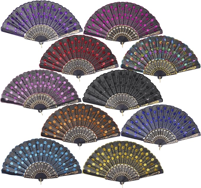 QIRMIZI 10 PACK Fabric Folding Handheld Fans, and Dancing by QIRMIZI