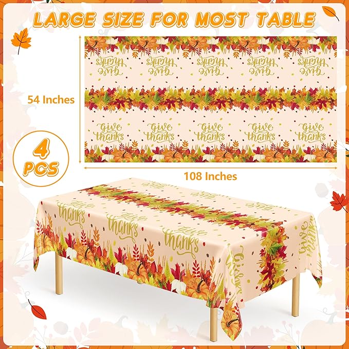 QZYL 4 Pack Thanksgiving Tablecloths, Rectangle Maple Leaves Pumpkin Disposable - Image 2