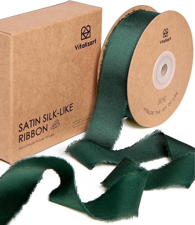 Vitalizart Silk Like Satin Ribbon 1 inch x 30 Yard Dark Green Handmade Frayed by Vitalizart