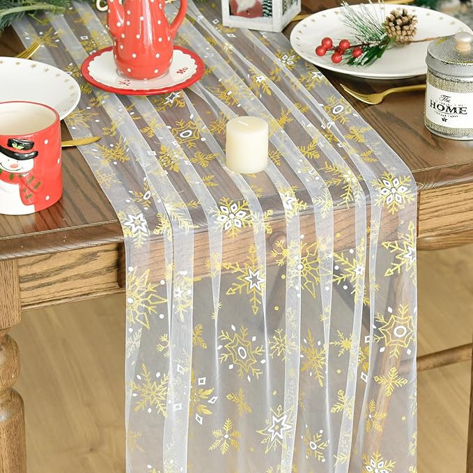 Artoid Mode Gold Snowflakes Christmas Gauze Table Runner 120 Inch 10FT by ArtoidMode