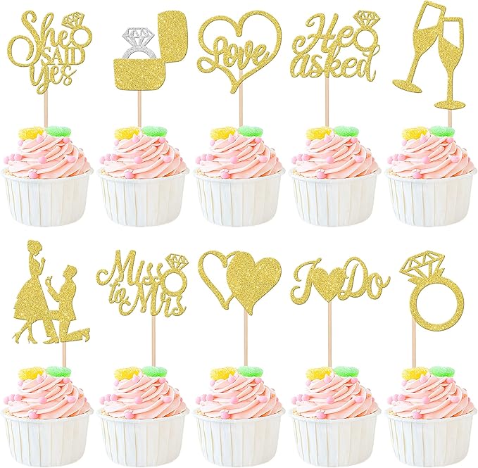 30 PCS He Asked She Said Yes Cupcake Toppers Glitter Engagement Cupcake Toppers by ZHUOWEISM