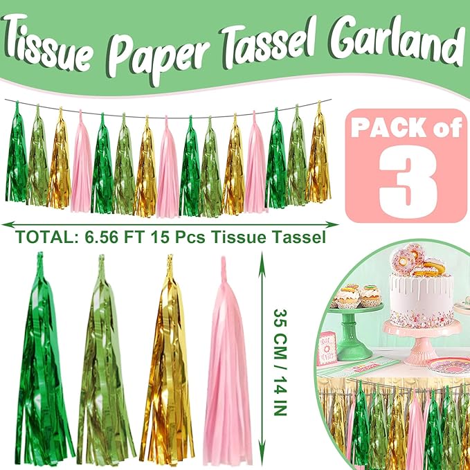 3P Sage-Green Pink-Gold Foil Fringe Metallic Tassel Garland, Tassels Banner - Image 2