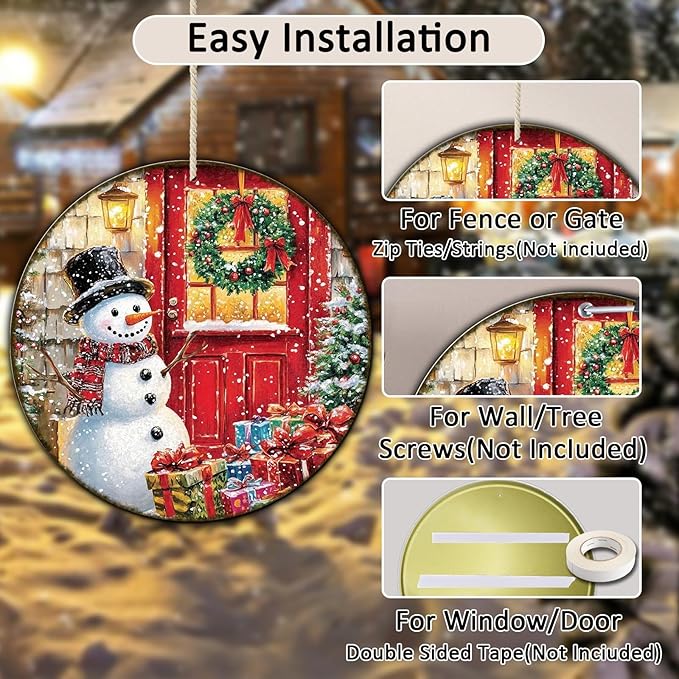 Round Wall Decor Christmas Metal Tin Sign Snowman Sign Rustic Wall Decor Wall - Image 3