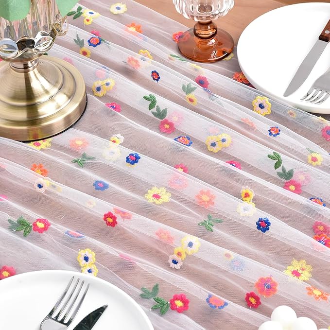 Joanlody 3pcs Ivory Embroidery Daisy Fall Thanksgiving Table Runner 10ft - Image 5