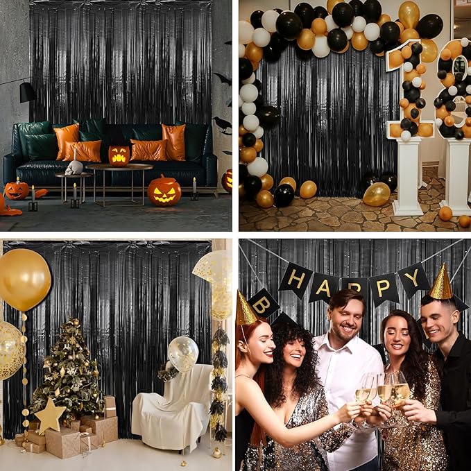 Crosize 8 Pack 3.3 x 9.9 ft Black Foil Fringe Curtains Party Decorations - Image 6