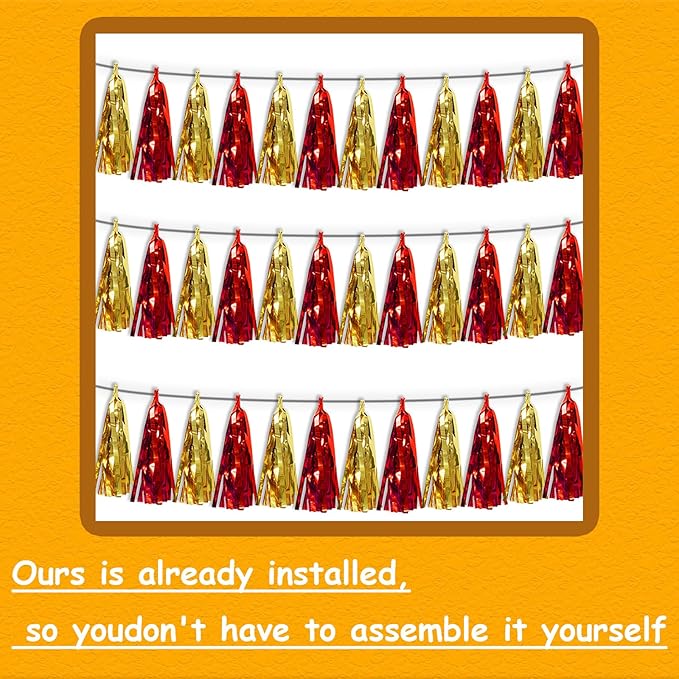 3P Red Gold Metallic Fringe Banner Garland Foil Tinsel Streamer Wall Hanging - Image 3