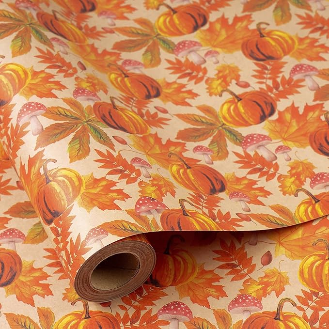 RUSPEPA Fall Wrapping Paper Roll, Mini Roll, Watercolor Pumpkin, Autumn Leaf by RUSPEPA