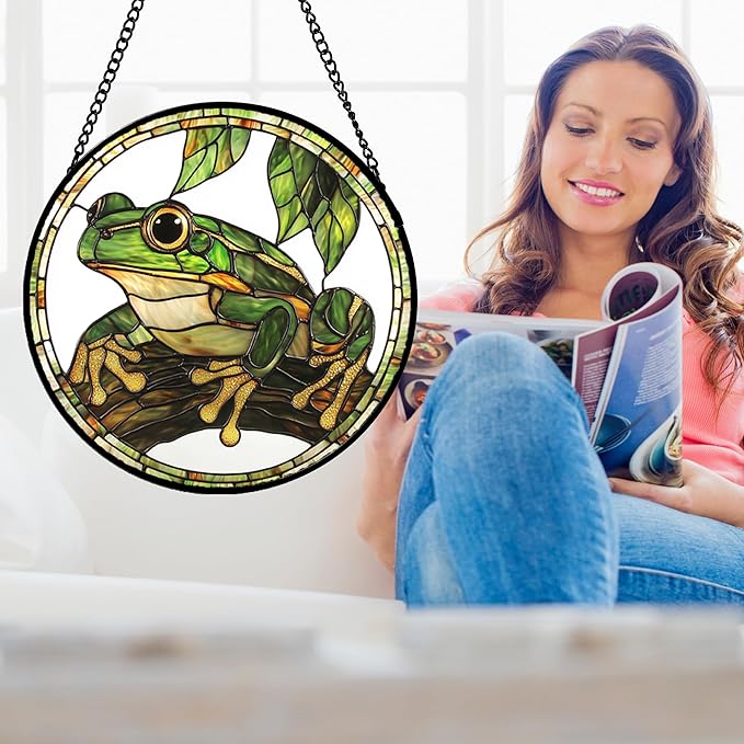 Stained Glass Window Hanging, Frog Green Leaf Sun Catchers Colorful Glass Panel - Image 2