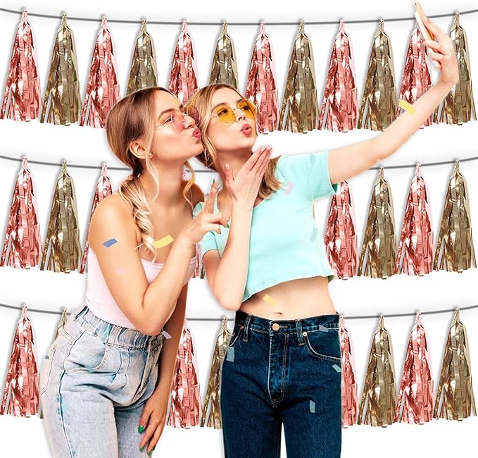3P Rose Champagne Gold Metallic Fringe Tassel Banner Garland Foil Tinsel - Image 4