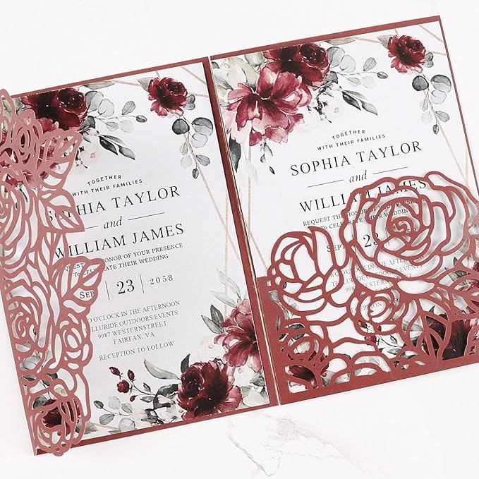 50pcs Tri Fold Wedding invitations Rose Hollow Laser Cut 5x7 '' Wedding - Image 7