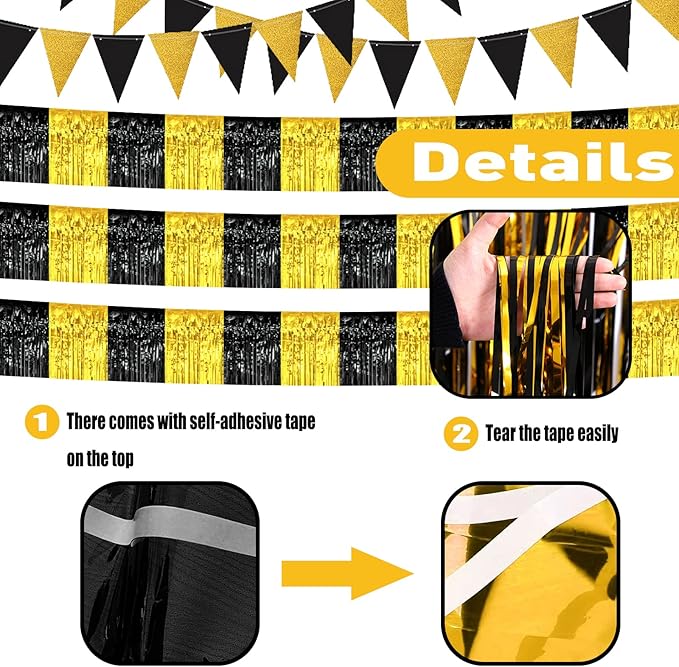 6 Pack 10 Feet Black Gold Foil Fringe Garland Metallic Tinsel Streamers Banner - Image 3