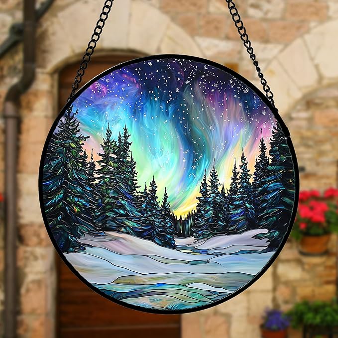 Stained Glass Window Hanging, Aurora Landscape Sun Catchers Glass Panel Green - Image 2
